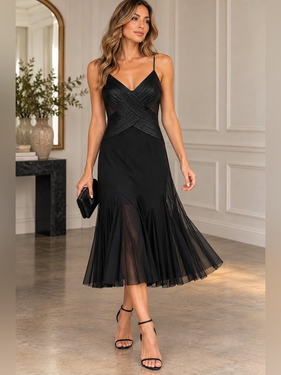 Cache Dresses & Skirts - Cache Black Mesh Godet Midi Dress 8 Satin Y2K Evening Cocktail Vintage Feminine
